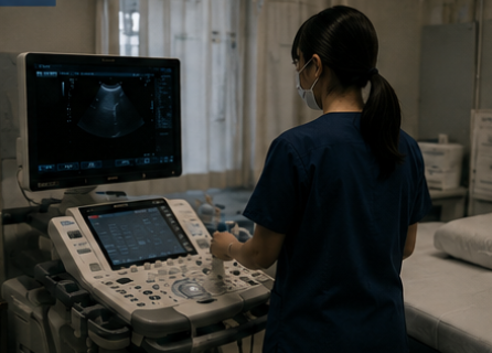 超音波検査の準備をする臨床検査技師