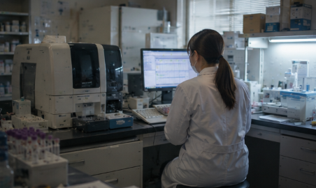 健診センターで検査準備をする臨床検査技師