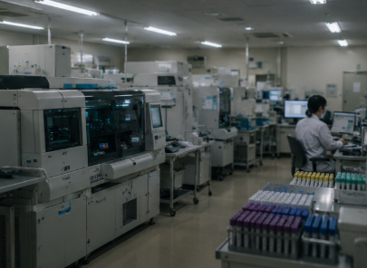 大型分析機器が並ぶ検査センター（検査ラボ）