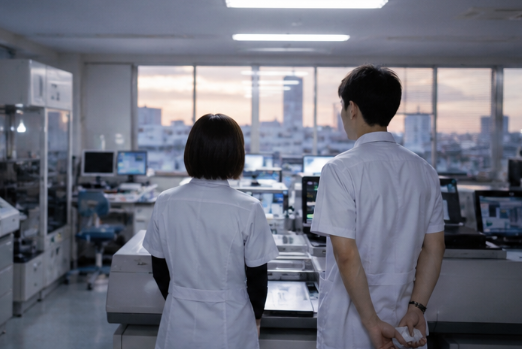 夕方の検査室で分析機器を確認する臨床検査技師