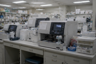 複数の分析機器が並ぶ臨床検査室