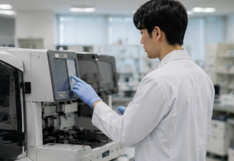 大型分析機器を操作する臨床検査技師