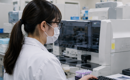 分析機器のデータ確認を行う臨床検査技師