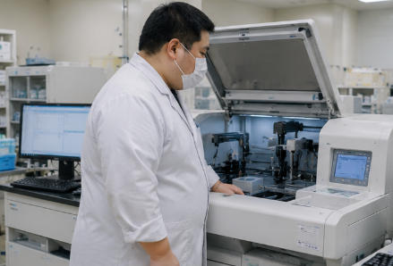 検査室で分析機器を確認する臨床検査技師
