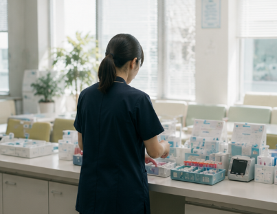 朝の健診センターで準備を行う臨床検査技師