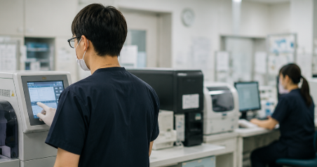 検査室で周囲の様子を見ながら働く臨床検査技師