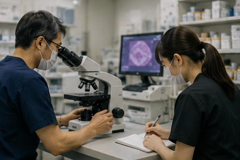 顕微鏡業務を確認する臨床検査技師