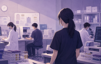 職場で圧を感じる臨床検査技師の絵