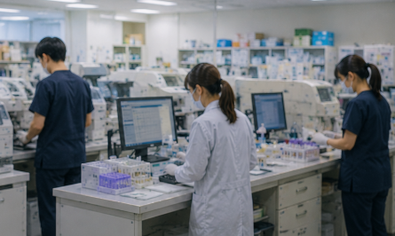 忙しい検査室で周囲を見ながら働く臨床検査技師