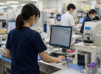 検査機器を確認する臨床検査技師