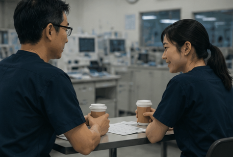 休憩スペースで話す臨床検査技師