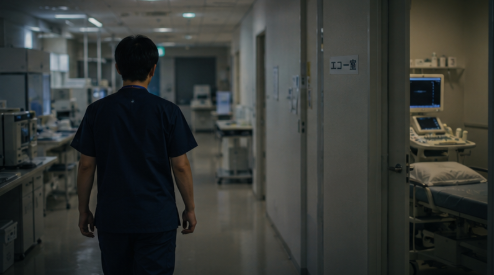 退勤前の検査室を歩く臨床検査技師