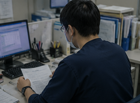 検査室で資料確認を行う主任クラスの臨床検査技師