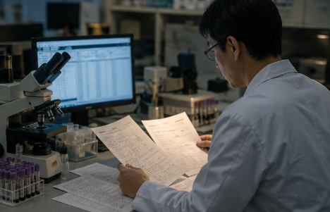 夜の検査室で検査データを確認する管理職の臨床検査技師