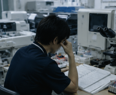 退勤前の検査室で資料整理を行う臨床検査技師