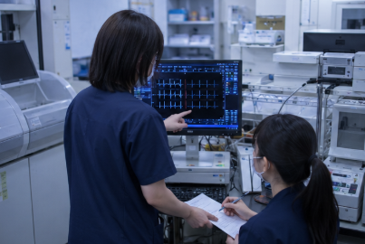 後輩へ検査説明を行う臨床検査技師