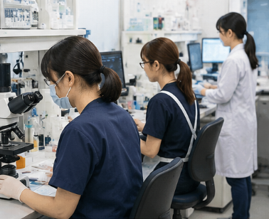 検査室で連携しながら働く女性臨床検査技師
