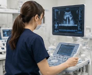 健診センターでエコー準備を行う臨床検査技師