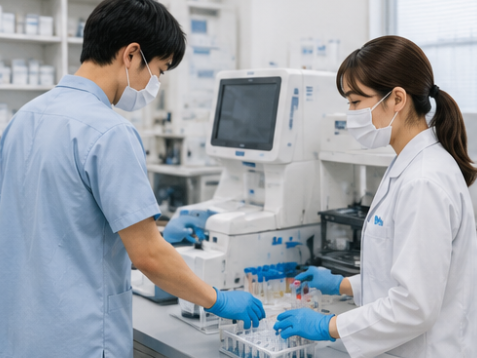朝の検査室で勤務準備をする臨床検査技師