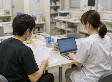健診後に記録整理を行う臨床検査技師