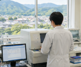 地方病院の検査室で分析機器を確認する臨床検査技師