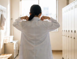 白衣へ着替える臨床検査技師の後ろ姿