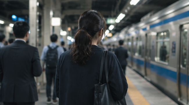 仕事を終えて都市部の駅で電車を待つ臨床検査技師
