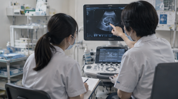 先輩からエコー検査を学ぶ臨床検査技師