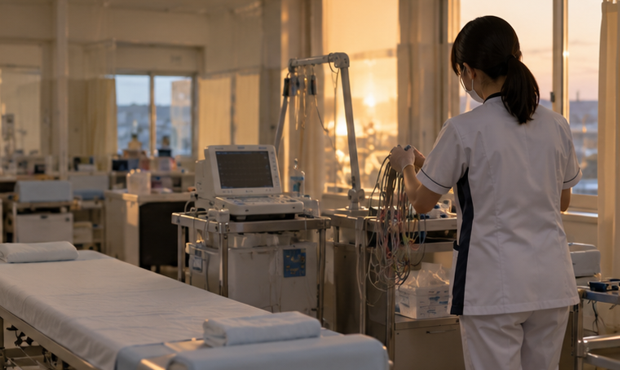 一日の健診業務を終えて検査機器を片付ける臨床検査技師