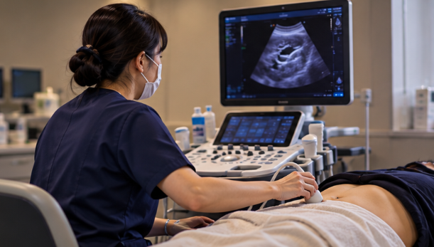 腹部超音波検査を実施する臨床検査技師