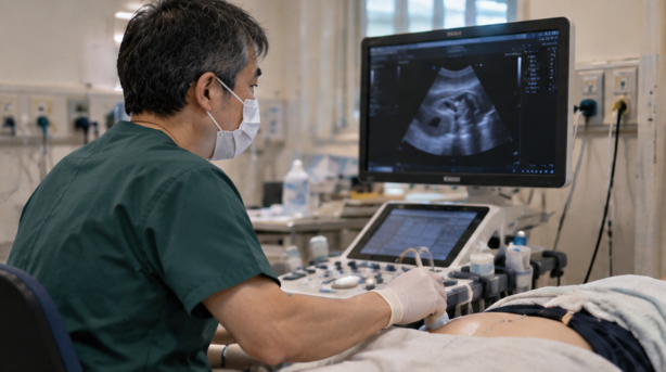 腹部エコー検査で描出を確認する臨床検査技師
