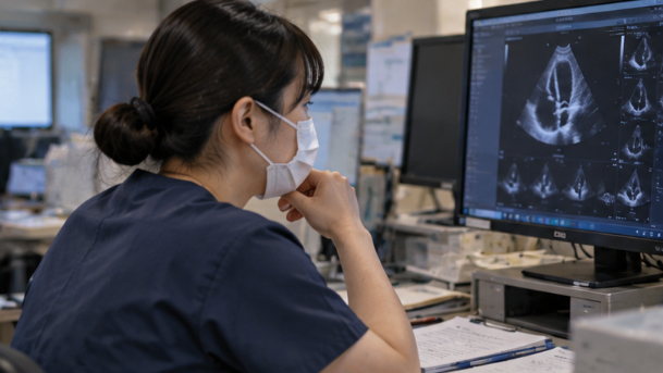 超音波検査の保存画像を確認する臨床検査技師