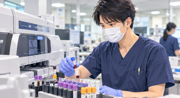 検体検査室で分析装置と検体の処理状況を確認する臨床検査技師