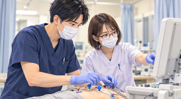 患者さんに心電図検査の説明を行う臨床検査技師