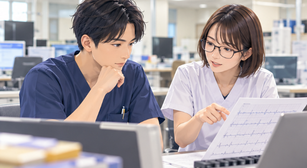 生理機能検査の手順を同僚と確認する臨床検査技師