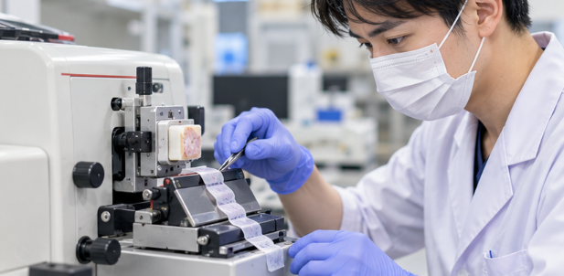 病理検査室で組織標本の薄切作業を行う臨床検査技師