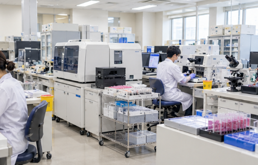 病理検査室の設備と業務内容について説明を受ける臨床検査技師