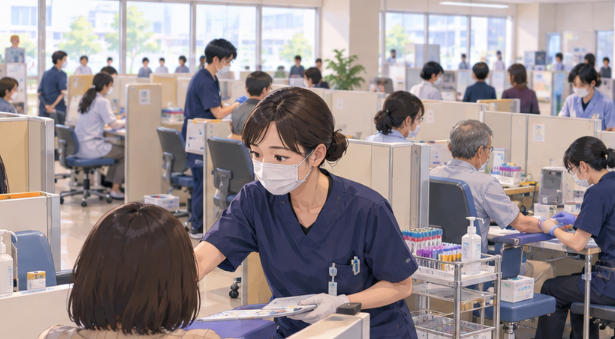 病院の中央採血室で採血業務を担当する臨床検査技師