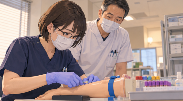 採血経験が浅い若手技師が、先輩技師の指導を受けながら研修に取り組む場面