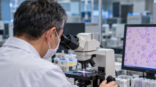 微生物検査室でグラム染色標本を鏡検する臨床検査技師